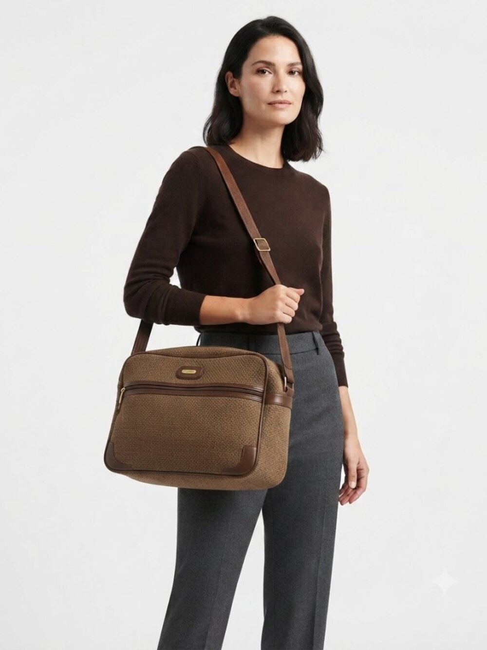 JETLINER VINTAGE BROWN LEATHER TWEED CROSSBODY SHOULDER BAG